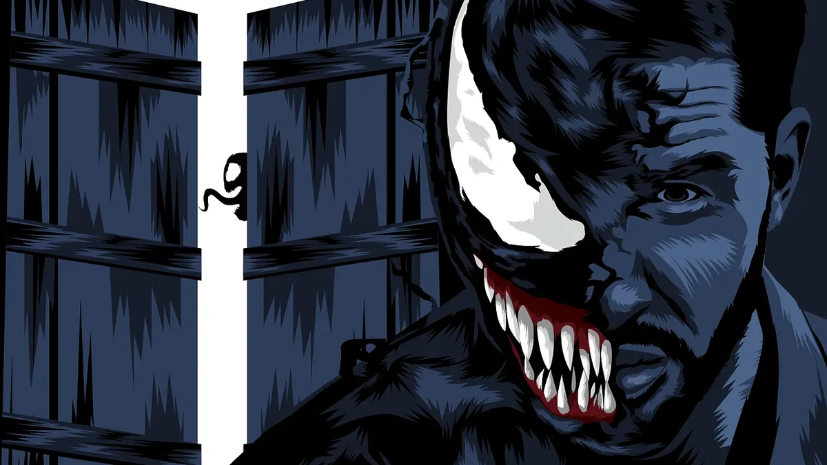 A man with a grotesque, toothy grin and a dark, shadowy figure looming behind him.